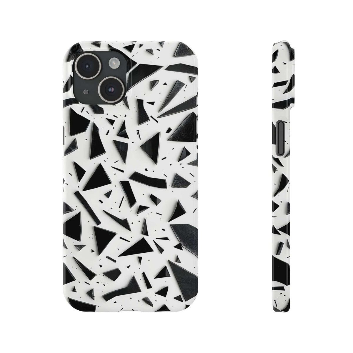 iPhone slim phone case with abstract white and black design, angled view