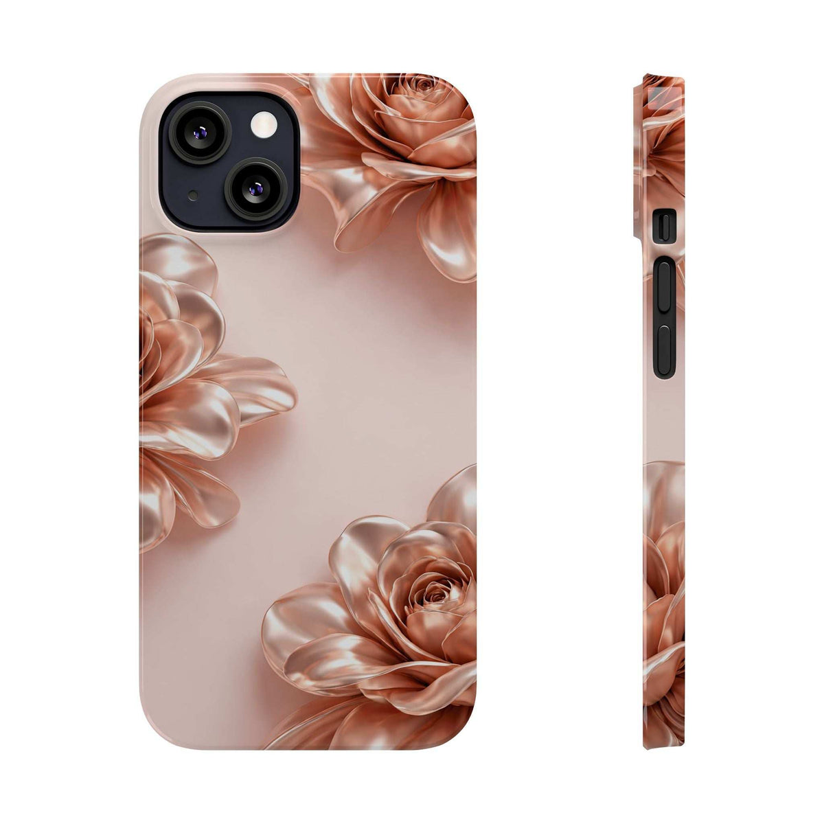 Blush phone case with metallic rose design, side view showing button and port cutouts