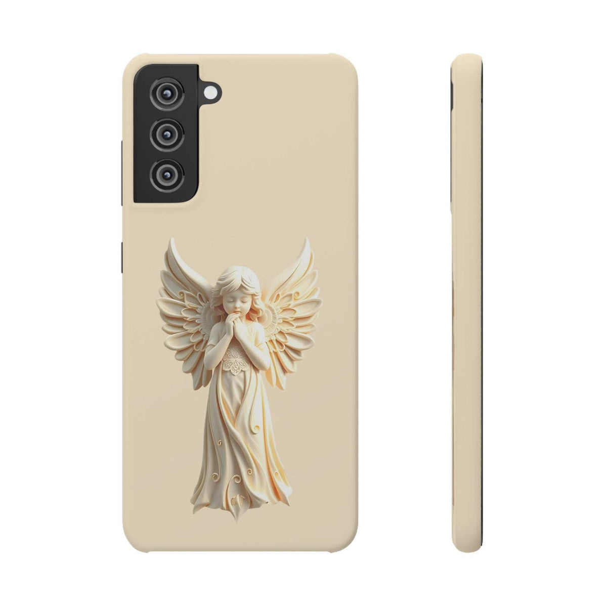 Beige angel phone case with cherub graphic, camera cutout, three-camera layout