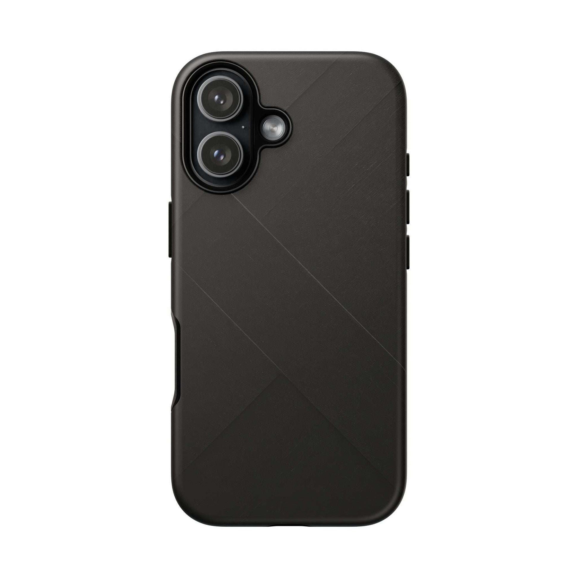 Matte black phone case with diagonal line pattern and dual camera cutouts