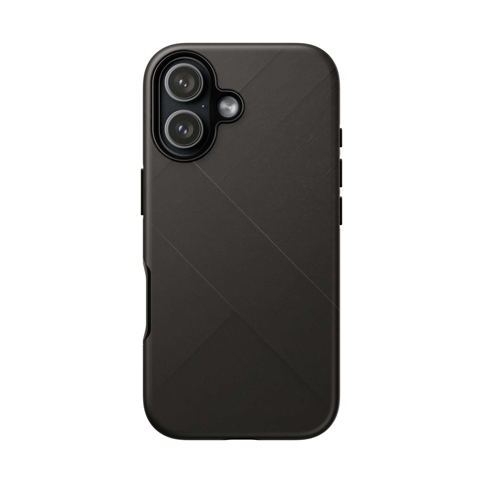Matte black phone case with diagonal line pattern and dual camera cutouts