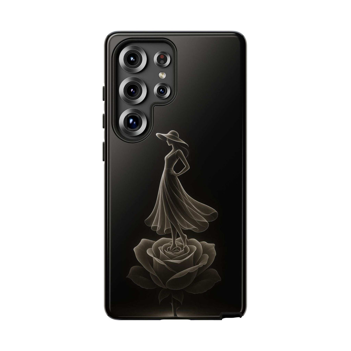 Glossy black phone case with ballet dancer and rose design, camera cutouts.