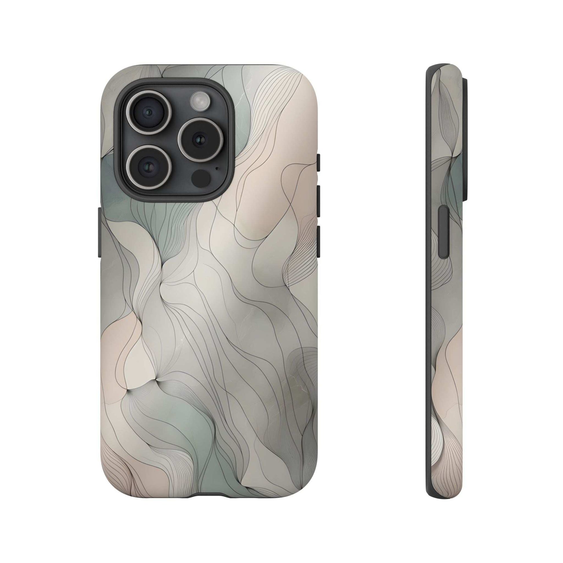 Pastel wave phone case front view with cream and teal wavy pattern and camera openings