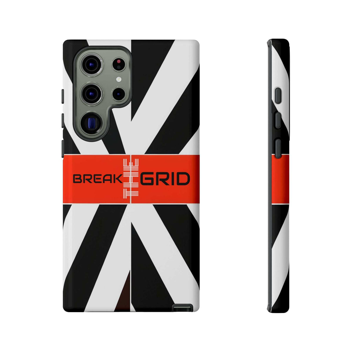 Phone case with black-and-white diagonal stripes, orange center band, rear camera cutouts