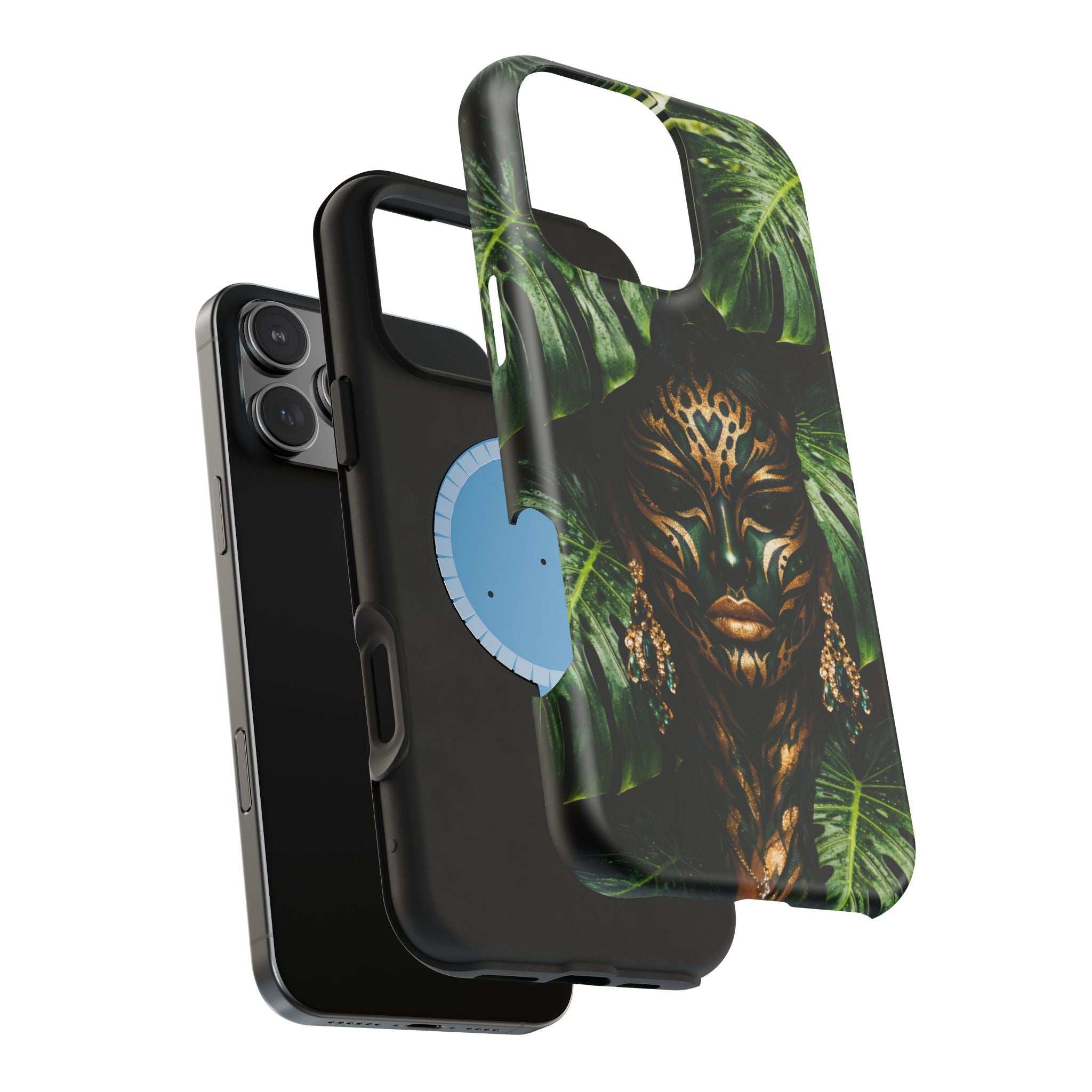 Jungle lion phone case with green foliage, open camera and side button cutouts