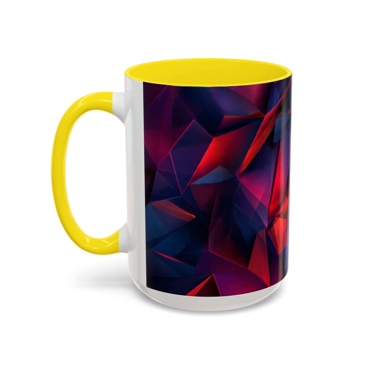 Ceramic mug with yellow handle and lid, white body and blue-red geometric design (left)