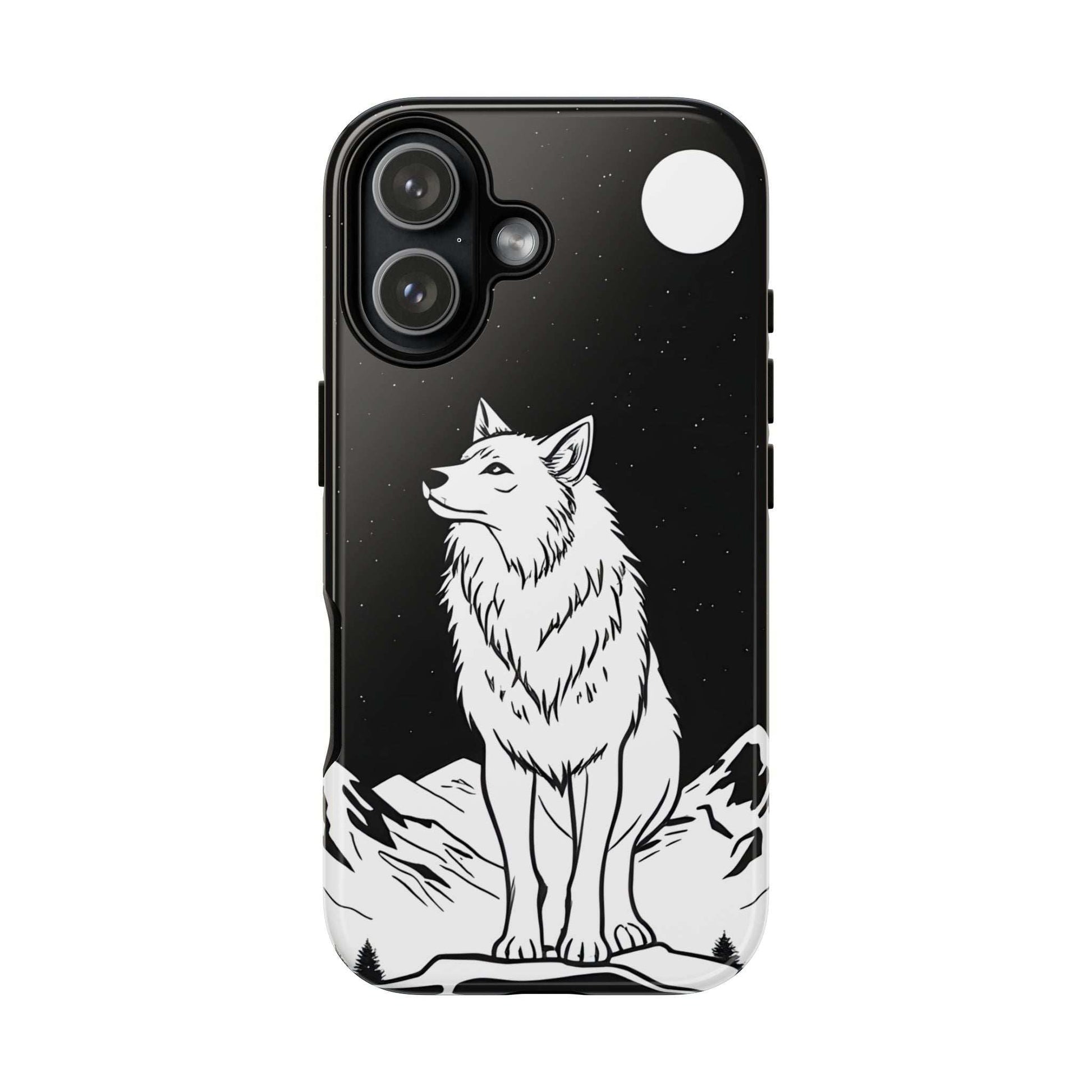 Black phone case with wolf design and dual camera cutouts plus side button openings