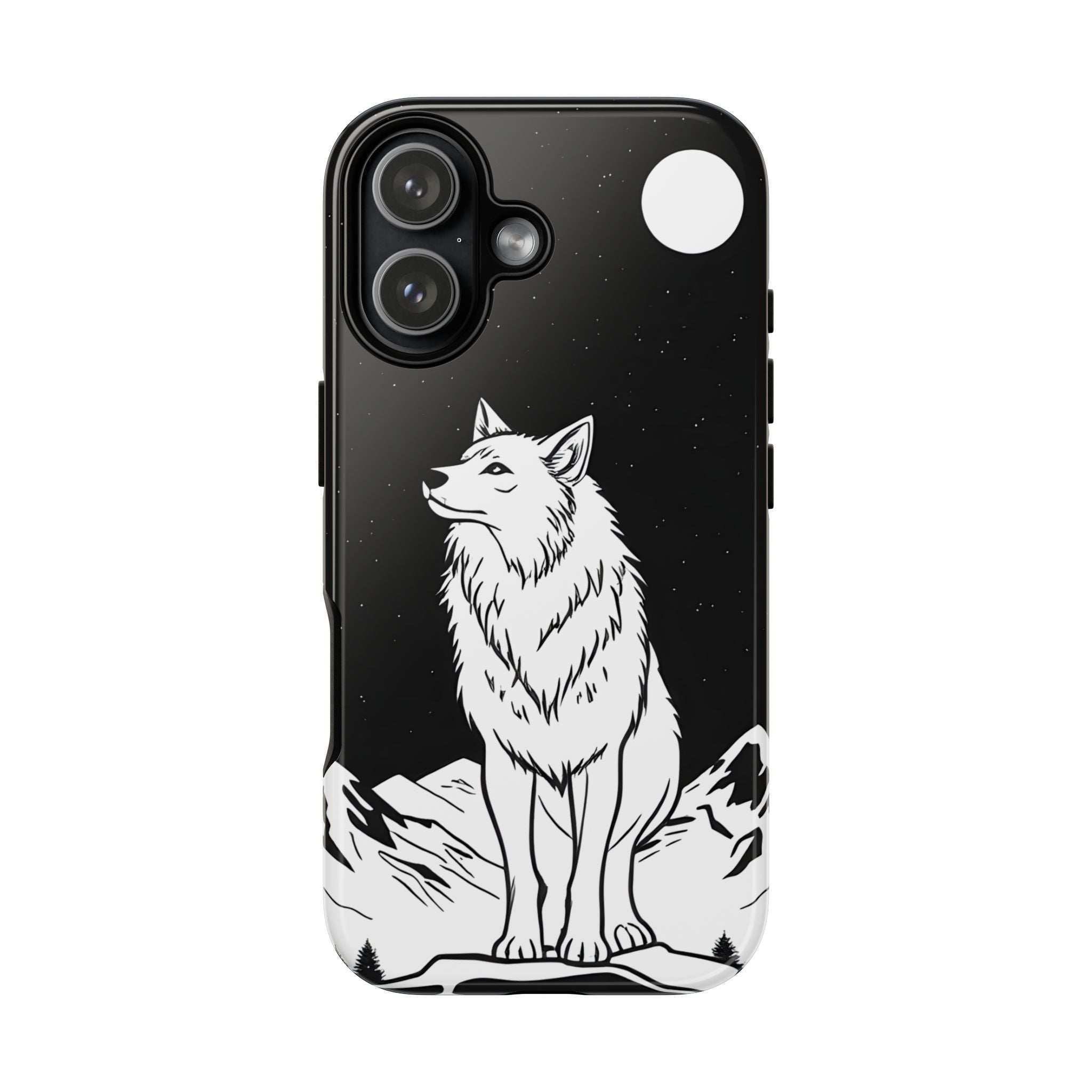 Black phone case with wolf design and dual camera cutouts plus side button openings