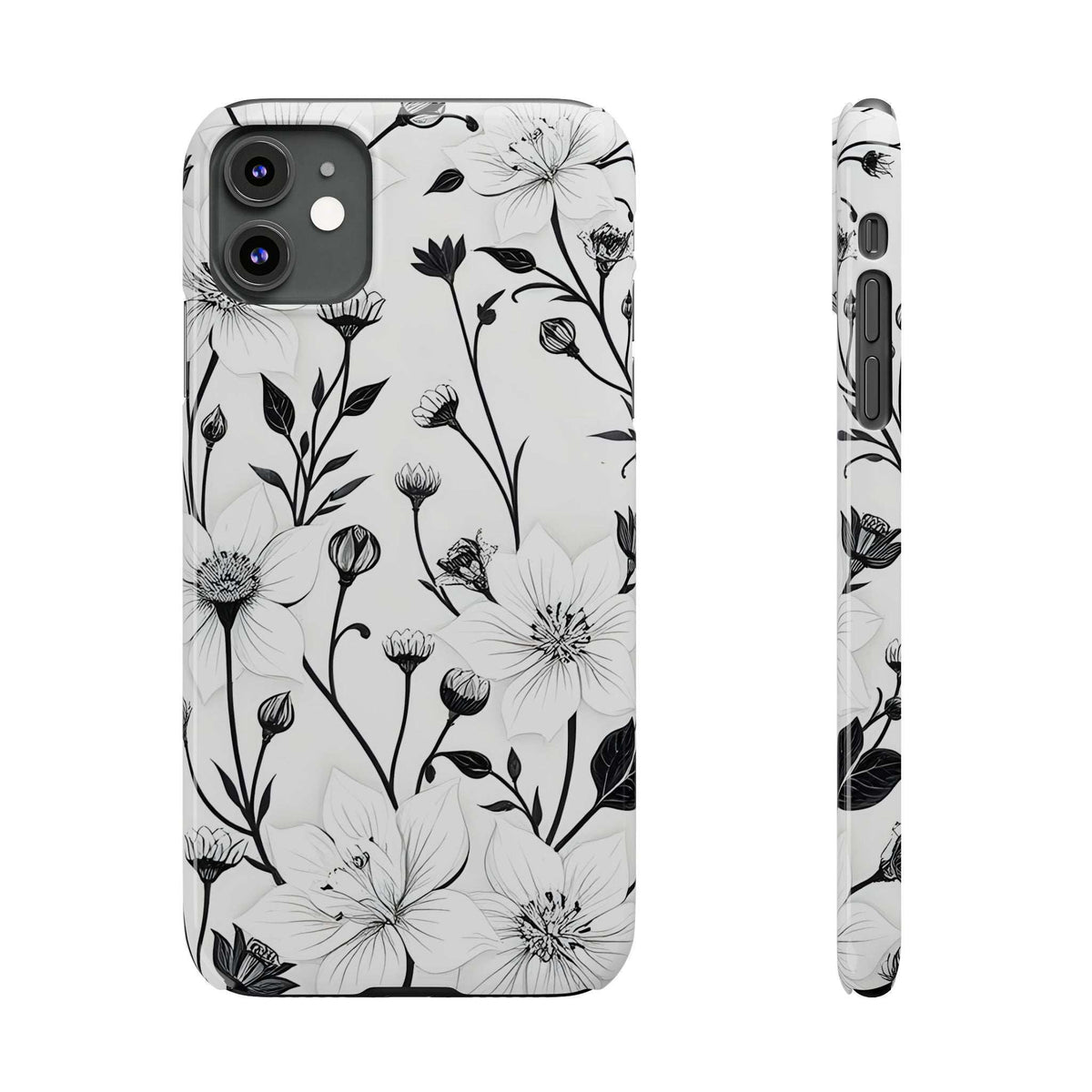 Phone case back with monochrome floral print and slim side profile view