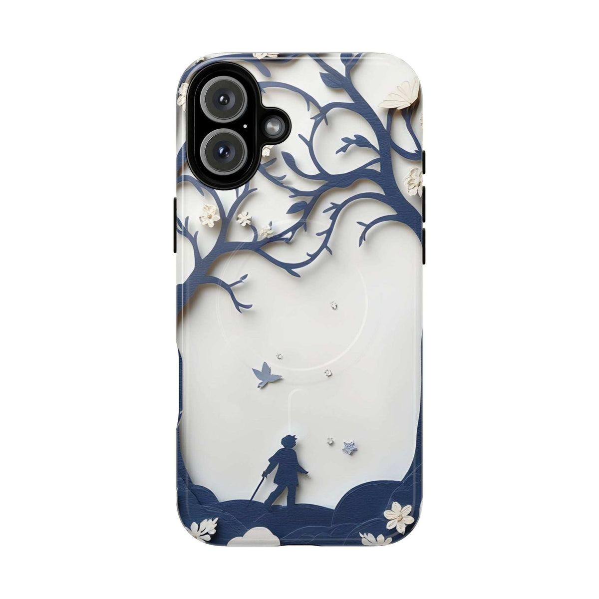 Nature silhouette phone case for iPhone 13-17 with blue leaf branches and scattered sparkles