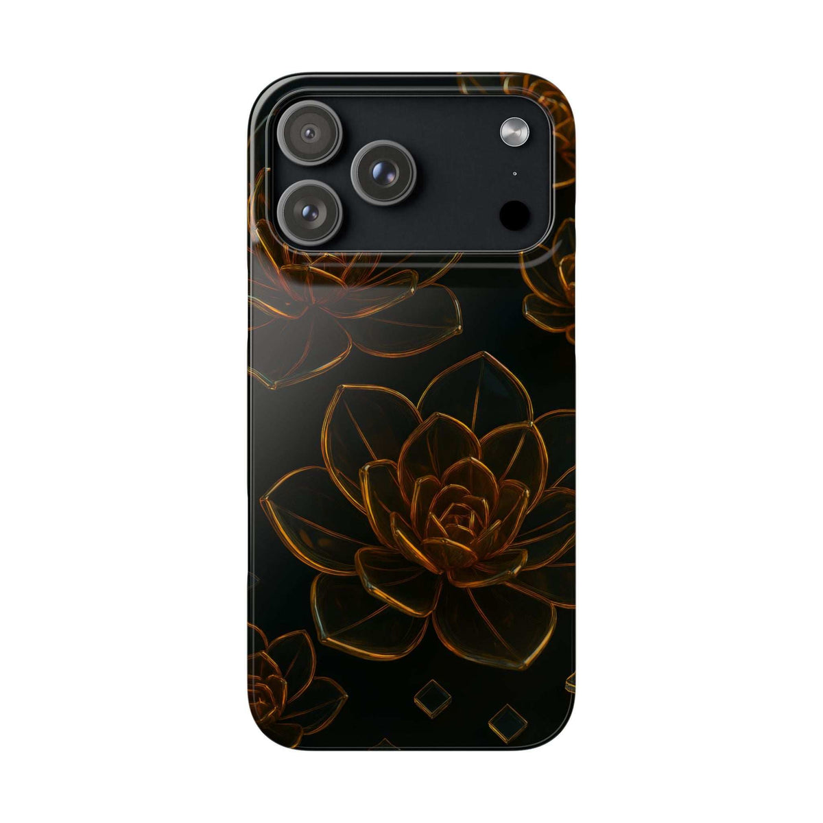 Glossy black glass phone case with amber flower line art and camera cutouts