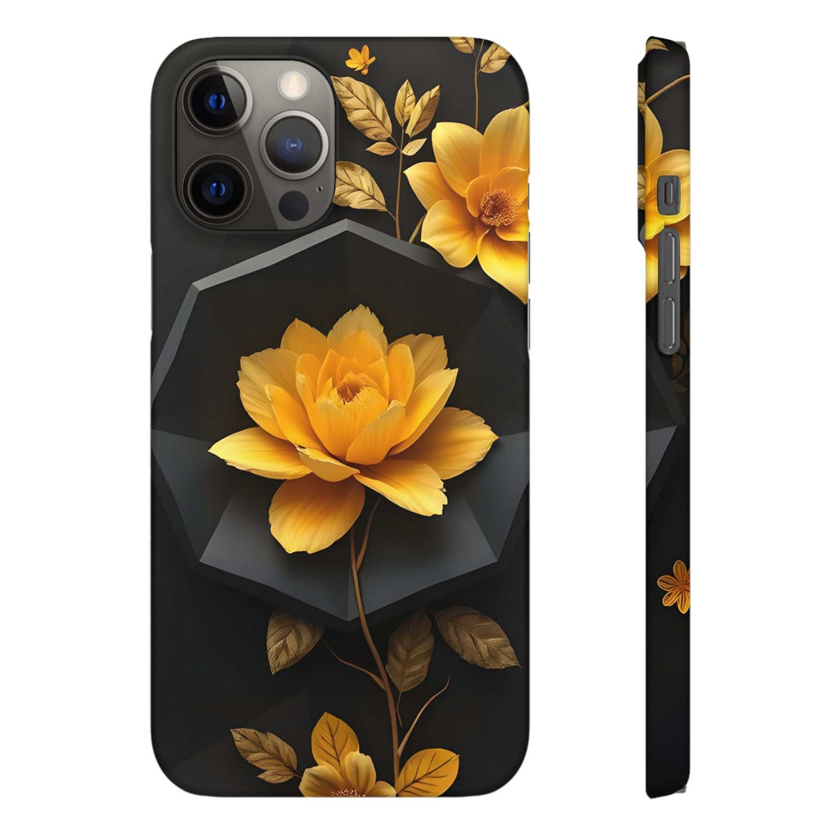 Black floral phone case with yellow rose bloom and leaves, slim protective side edges