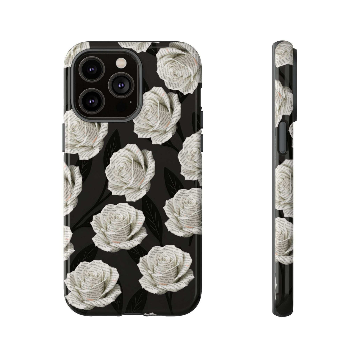 Black phone case with white rose pattern; triple camera cutout and flash opening