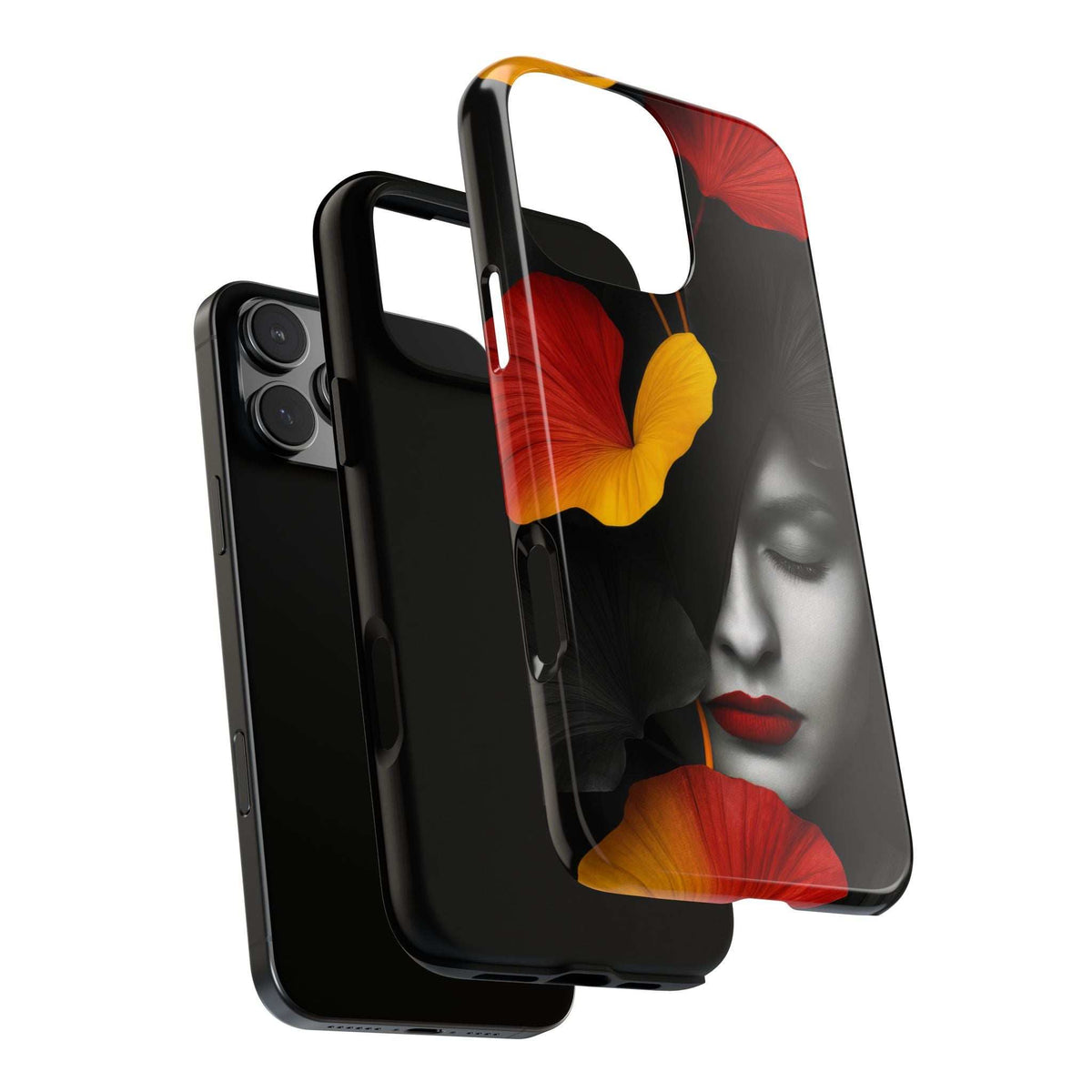 Glossy phone case with black design featuring red lips and red/yellow flower artwork.