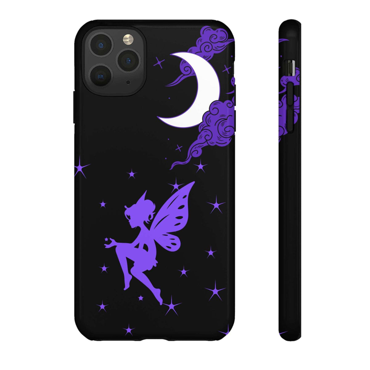 Black phone case with purple fairy and crescent moon; rear camera window and flash cutout