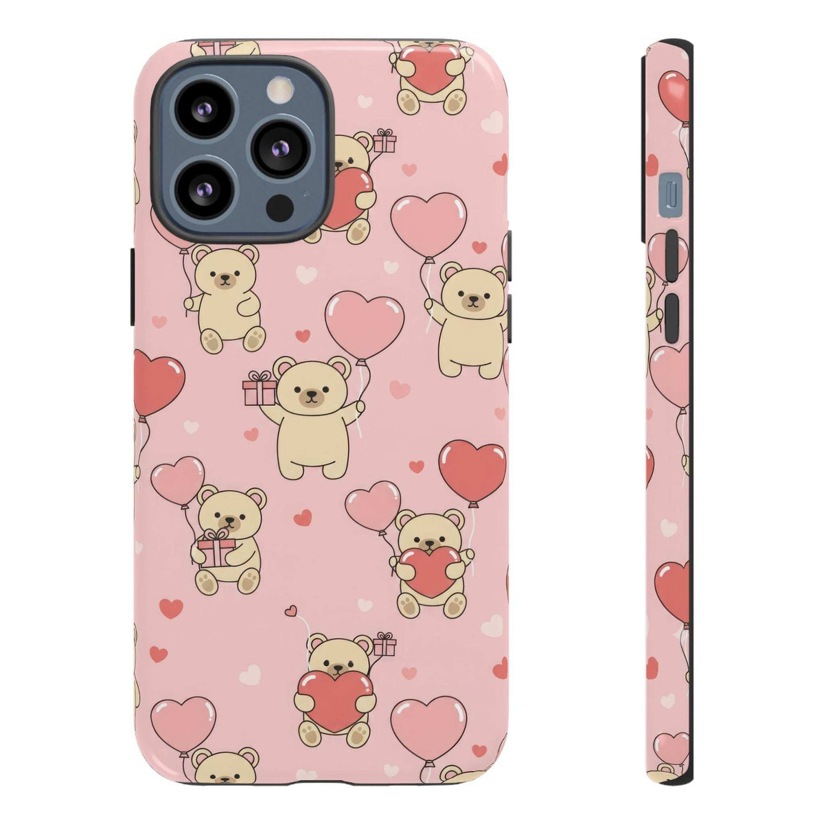 Pink teddy bear phone case with heart pattern, front view and side profile