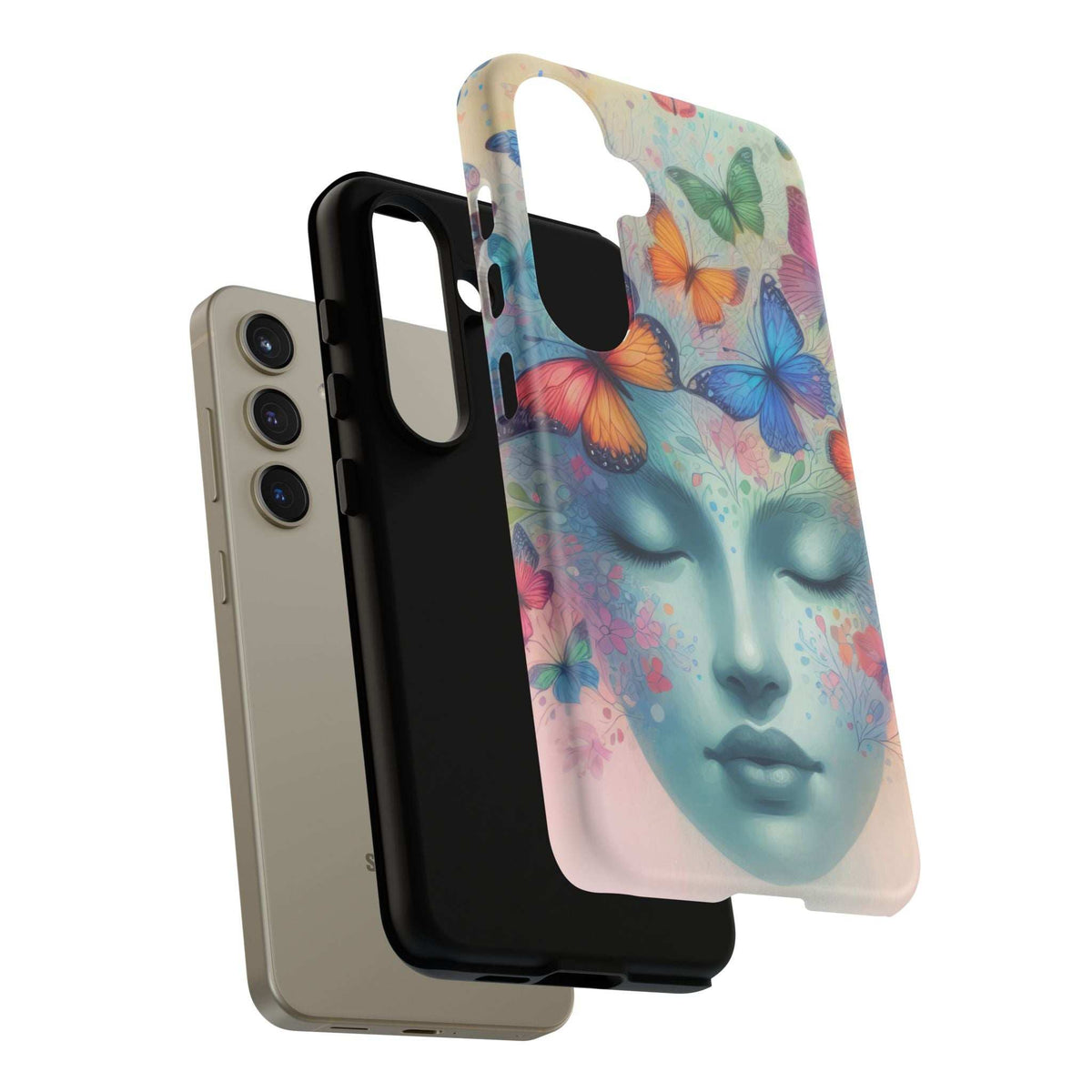 Phone case with multicolor butterflies and teal face design, visible side profile and camera cutouts.