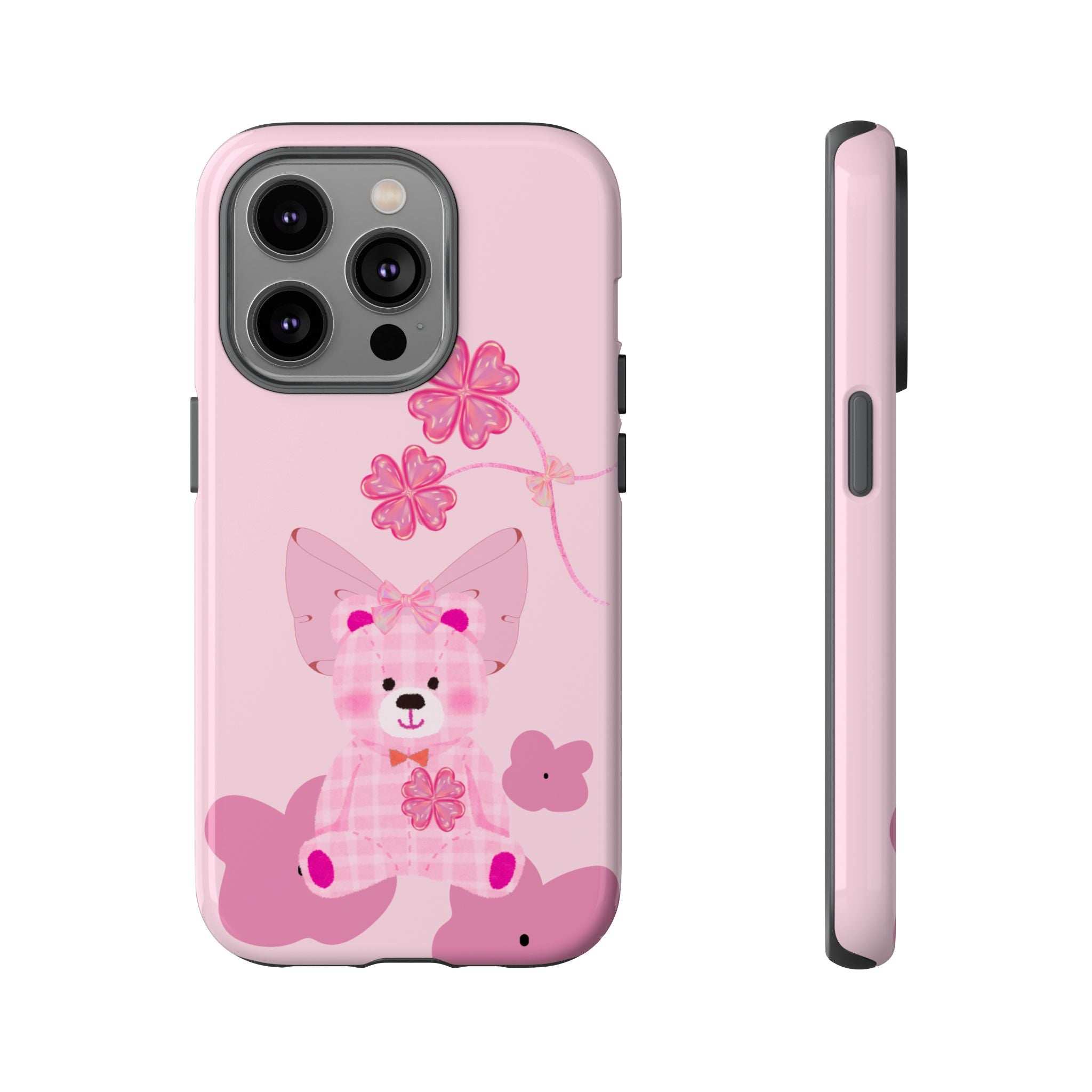 Pink teddy bear phone case with pink flowers; back view and side profile shown.
