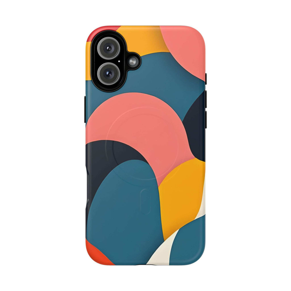 Colorful abstract phone case with coral, teal, and warm yellow blocks; triple-camera cutout