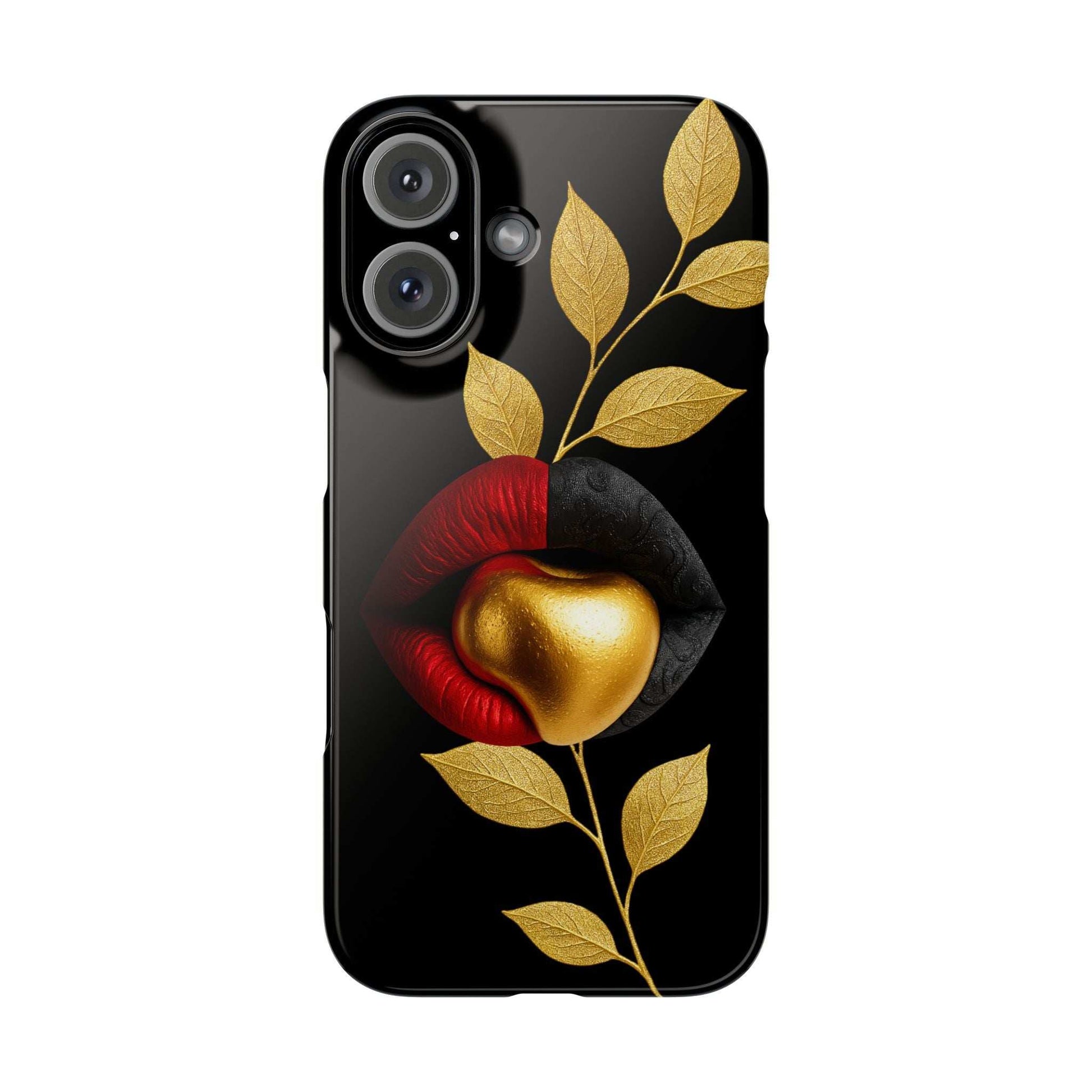 Black phone case with gold leaves and red lips design with gold heart