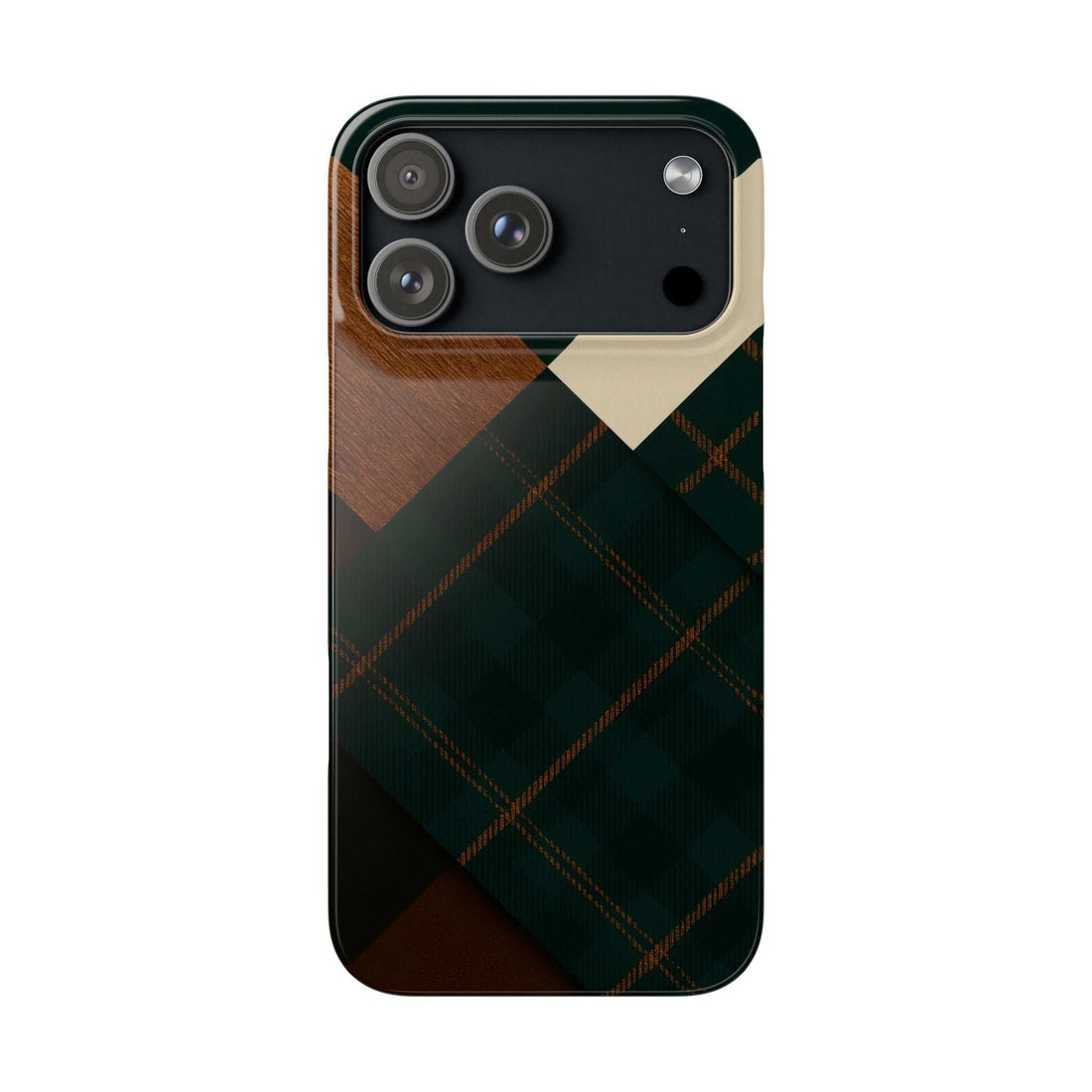 Rustic phone case with green plaid pattern and tan wood-look corner panel, cream stripe