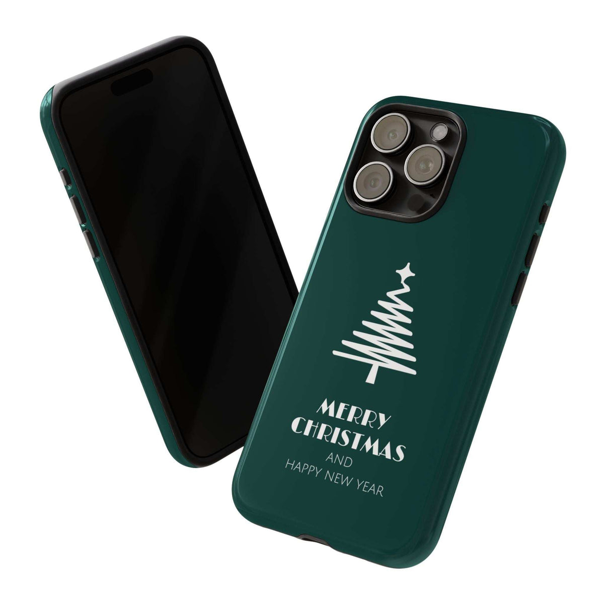 Teal glossy phone case with white Christmas tree and Merry Christmas text