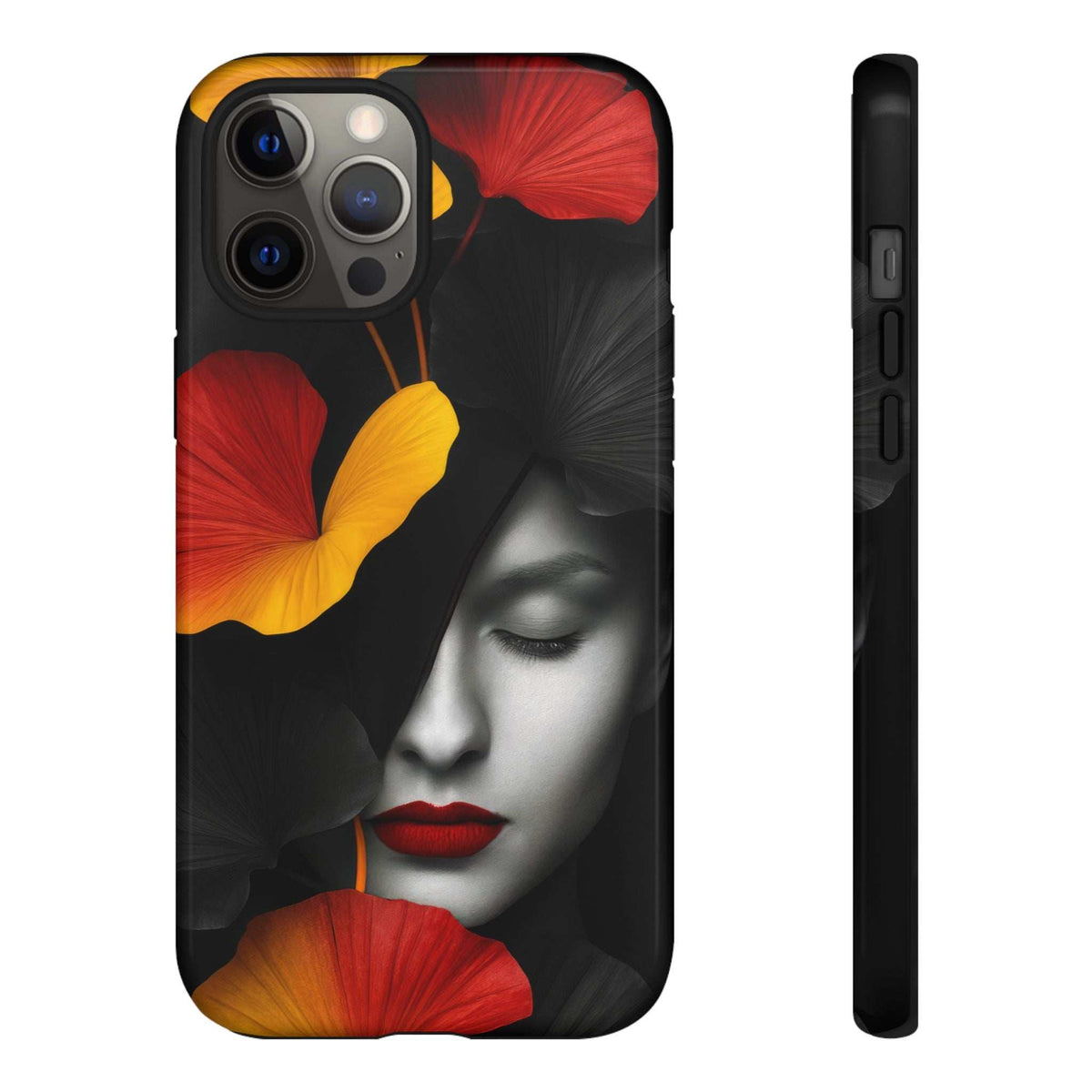 Glossy phone case for iPhone and Galaxy, black with face and red/yellow florals