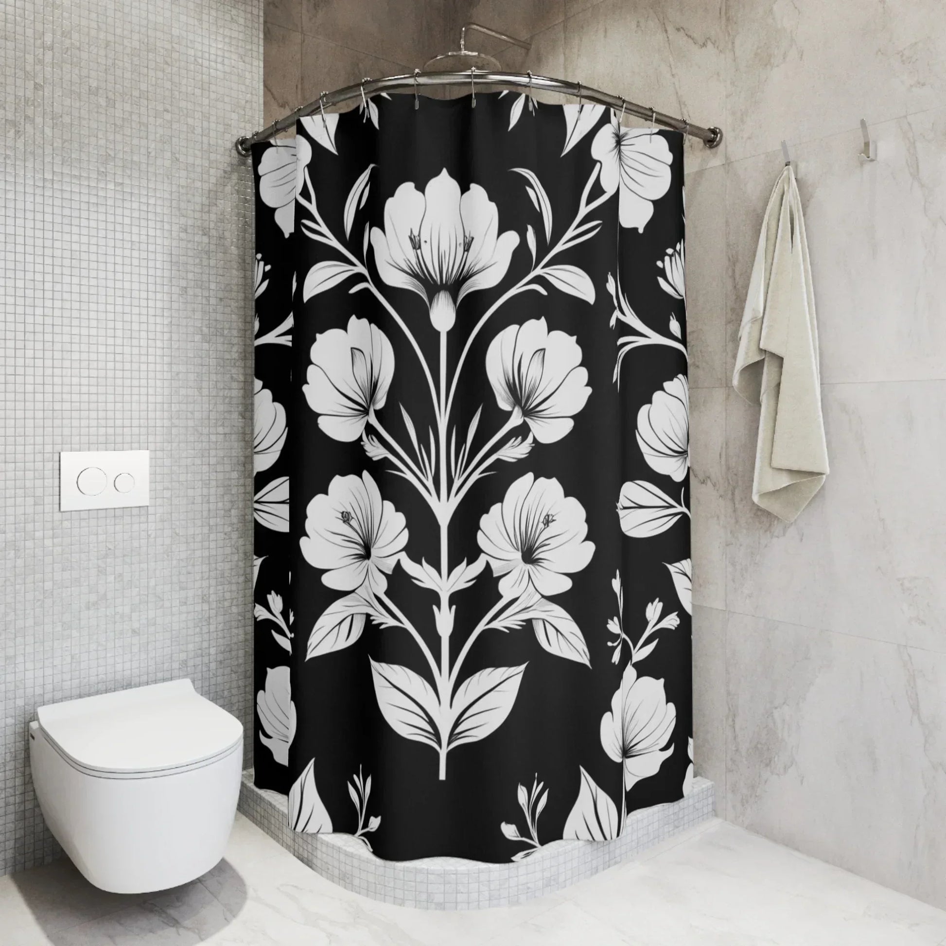 Elegant Black & White Floral Shower Curtains – Stylish Bathroom Decor - KarArmDesign