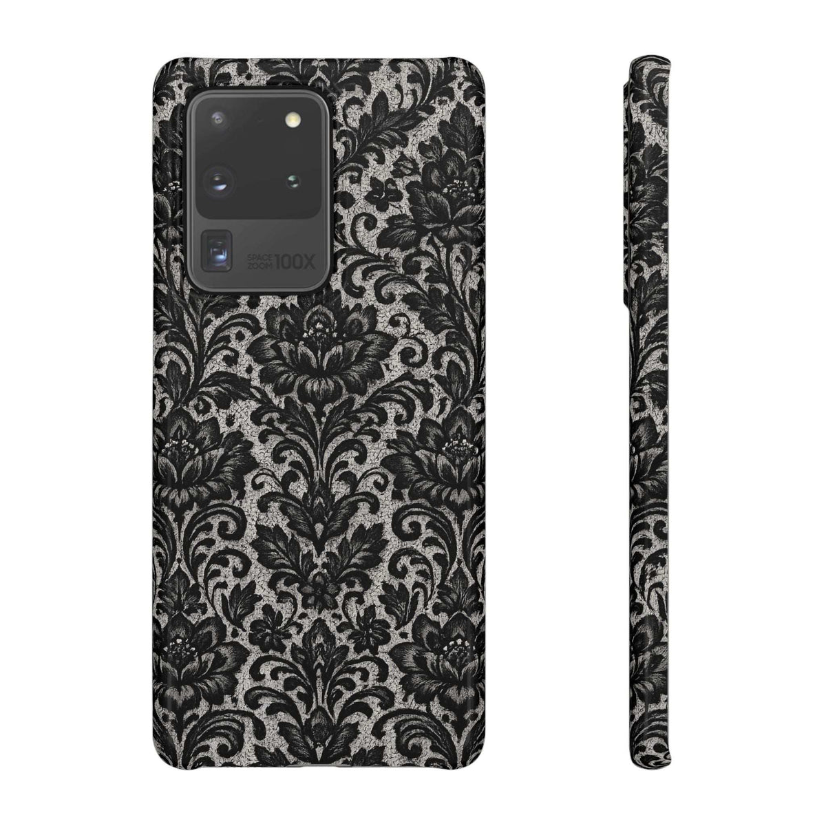 Black damask floral phone case showing camera openings and patterned back