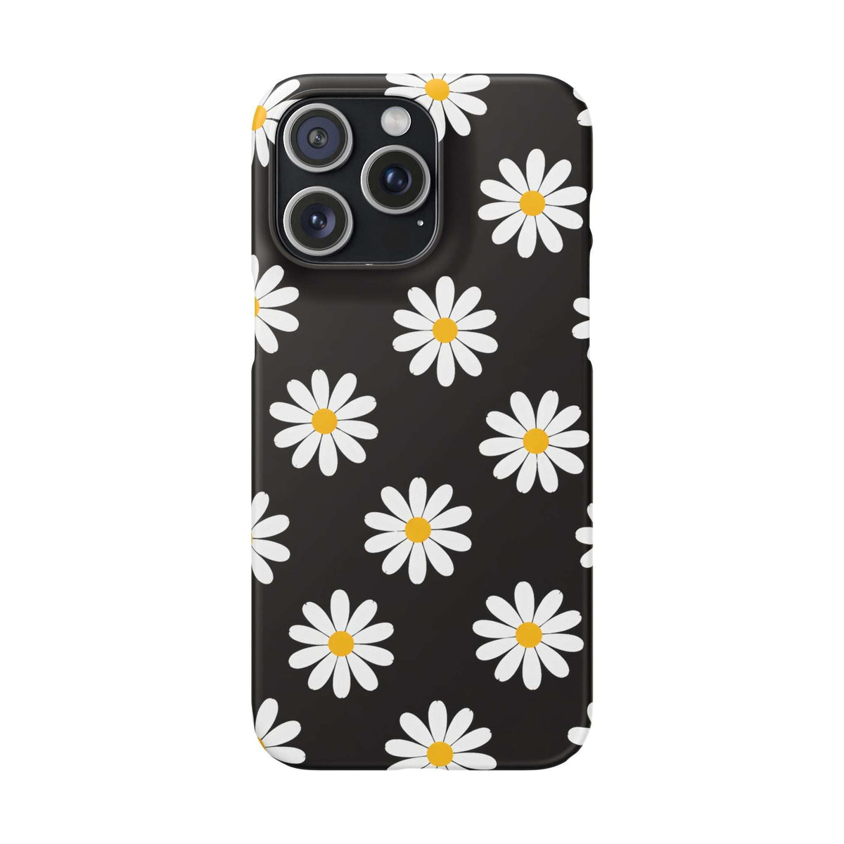 Black phone case with white daisies and yellow centers; camera cutouts visible.