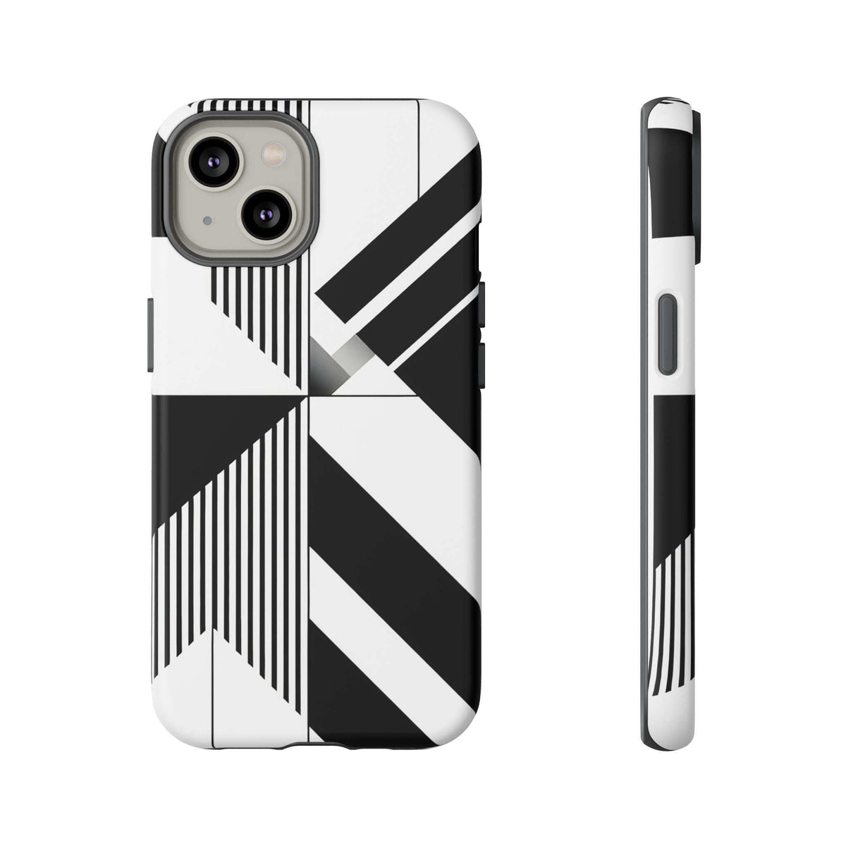 Monochrome tough phone case with black-and-white geometric stripe pattern and side cutouts