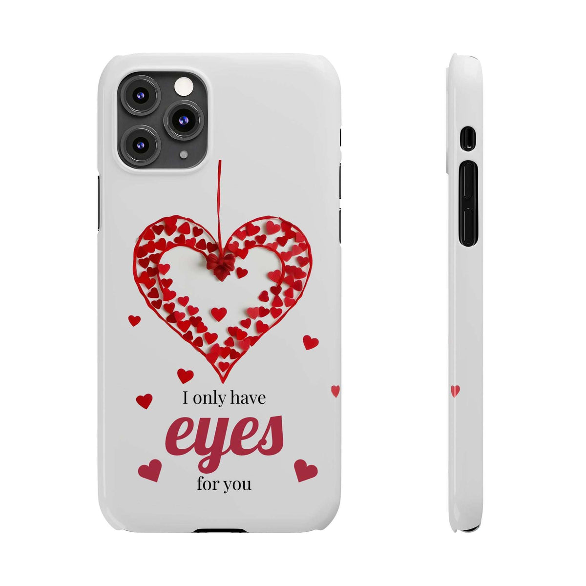 White phone case front and side view with red heart graphic and heart text