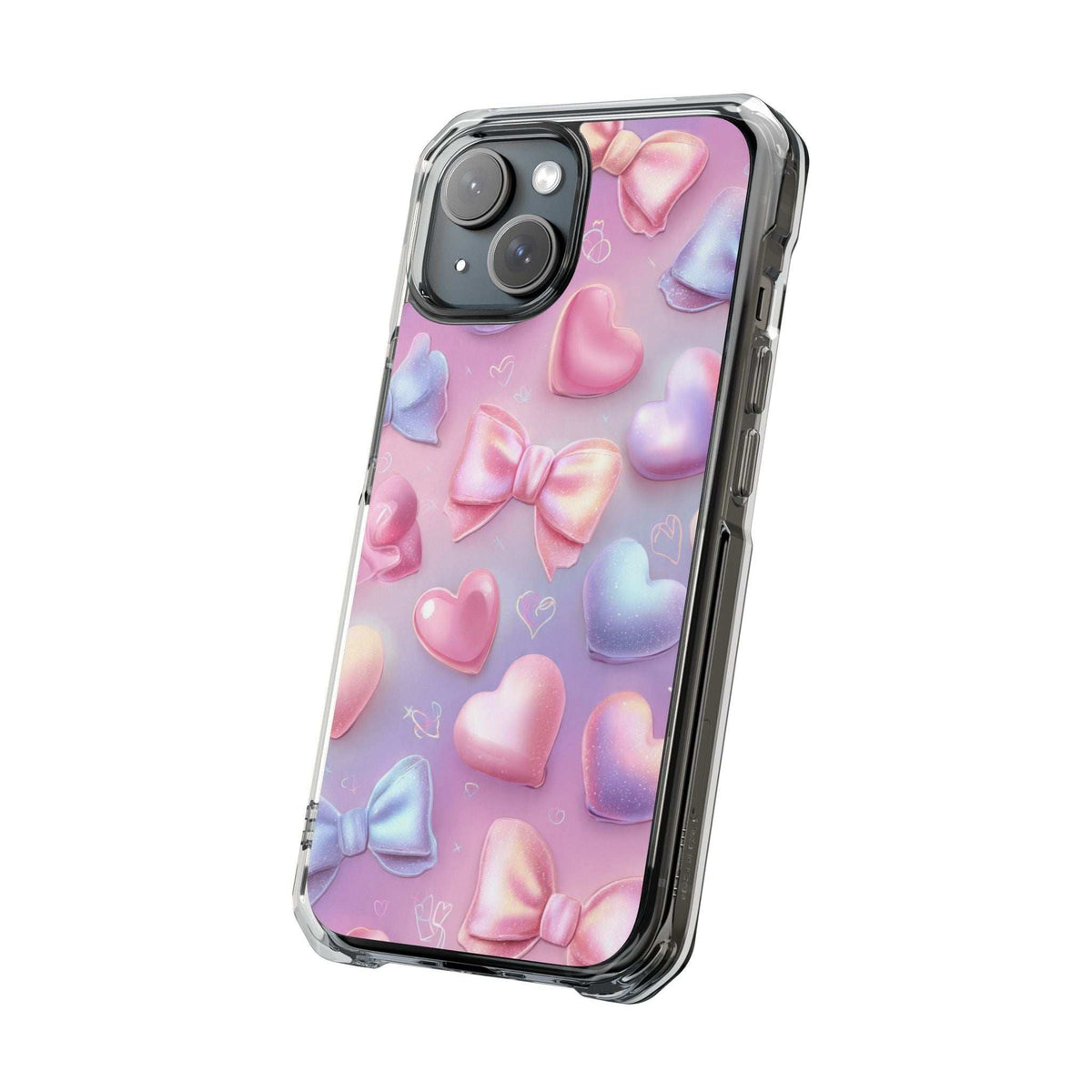 Pastel hearts and bows phone case, clear shockproof sides and camera cluster