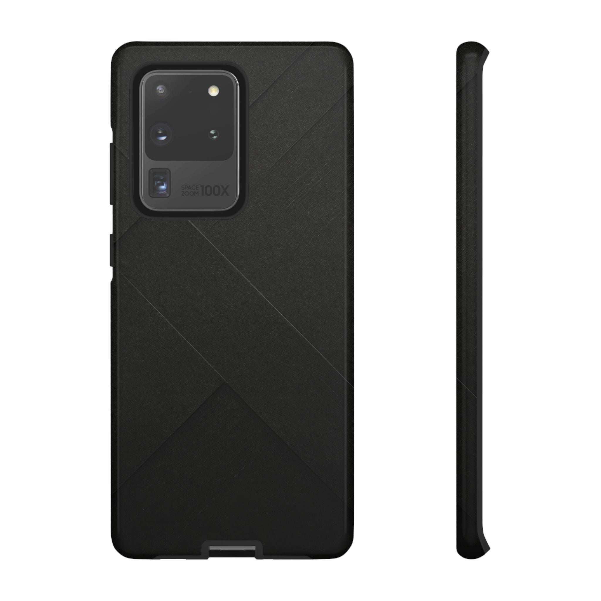 Matte black phone case with diagonal geometric lines; camera cutout and slim profile.