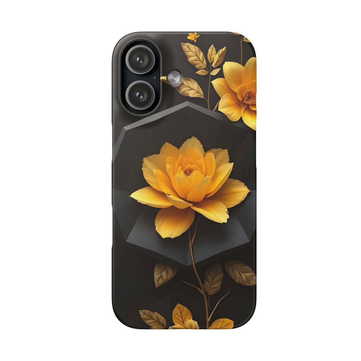 Black phone case with yellow peony floral art and leaf accents, camera cutouts