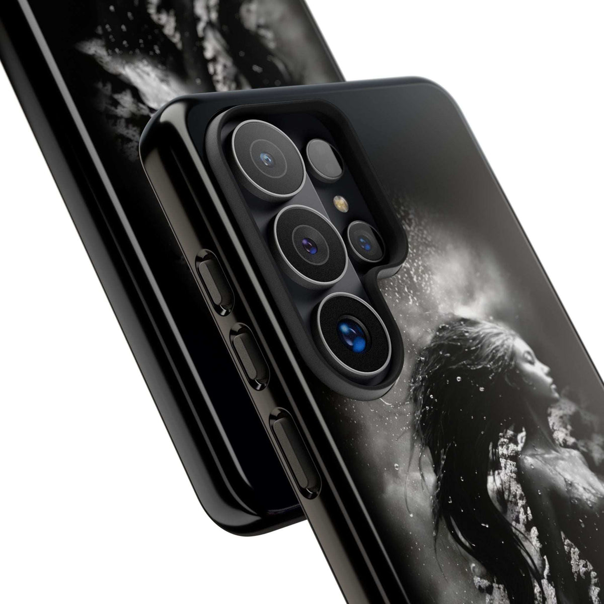 Black phone case close-up of camera cutouts over monochrome mermaid portrait