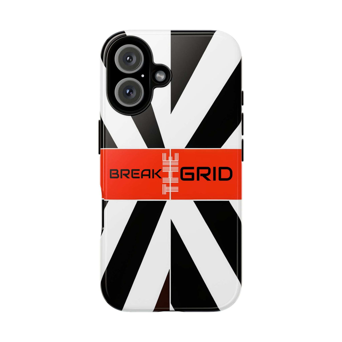 Phone case with black-and-white geometric stripes and red "Break Grid" band, front.