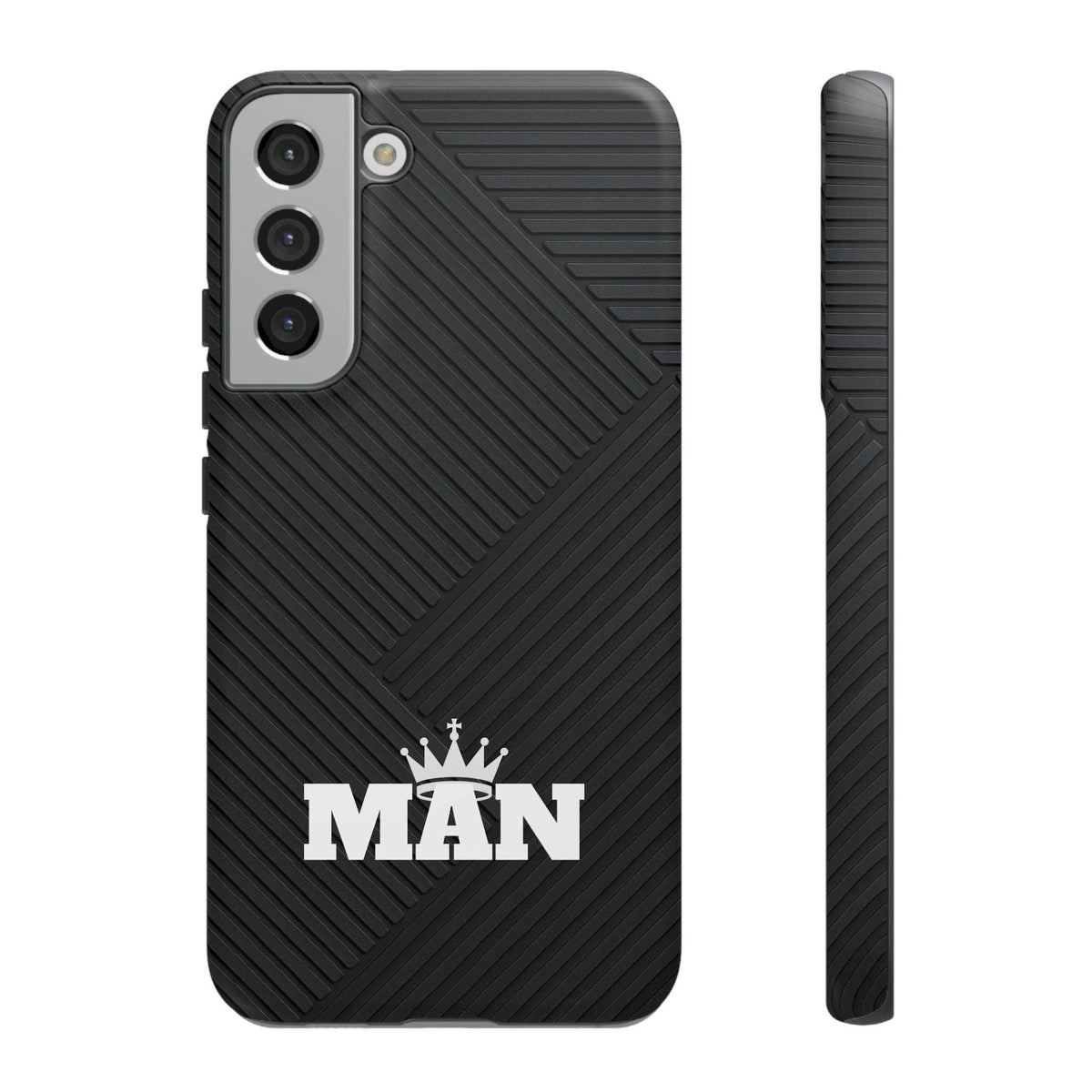 Black MAN logo phone case with textured diagonal ridges; camera cutouts and raised edges.