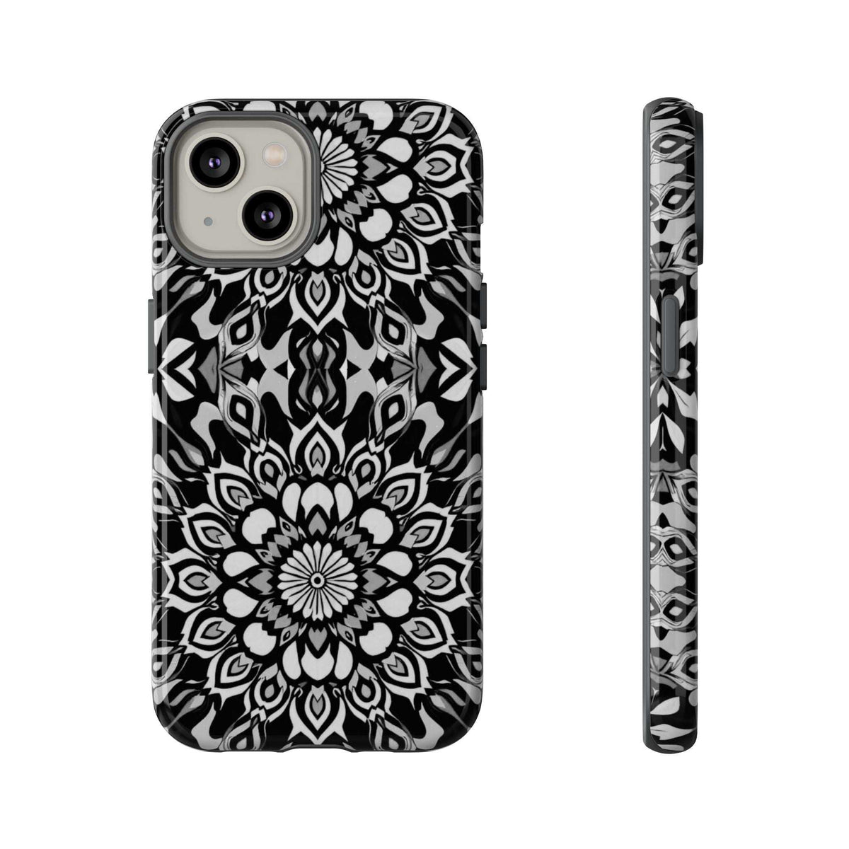 Mandala phone case with black-and-white mandala flower design and side edge for buttons