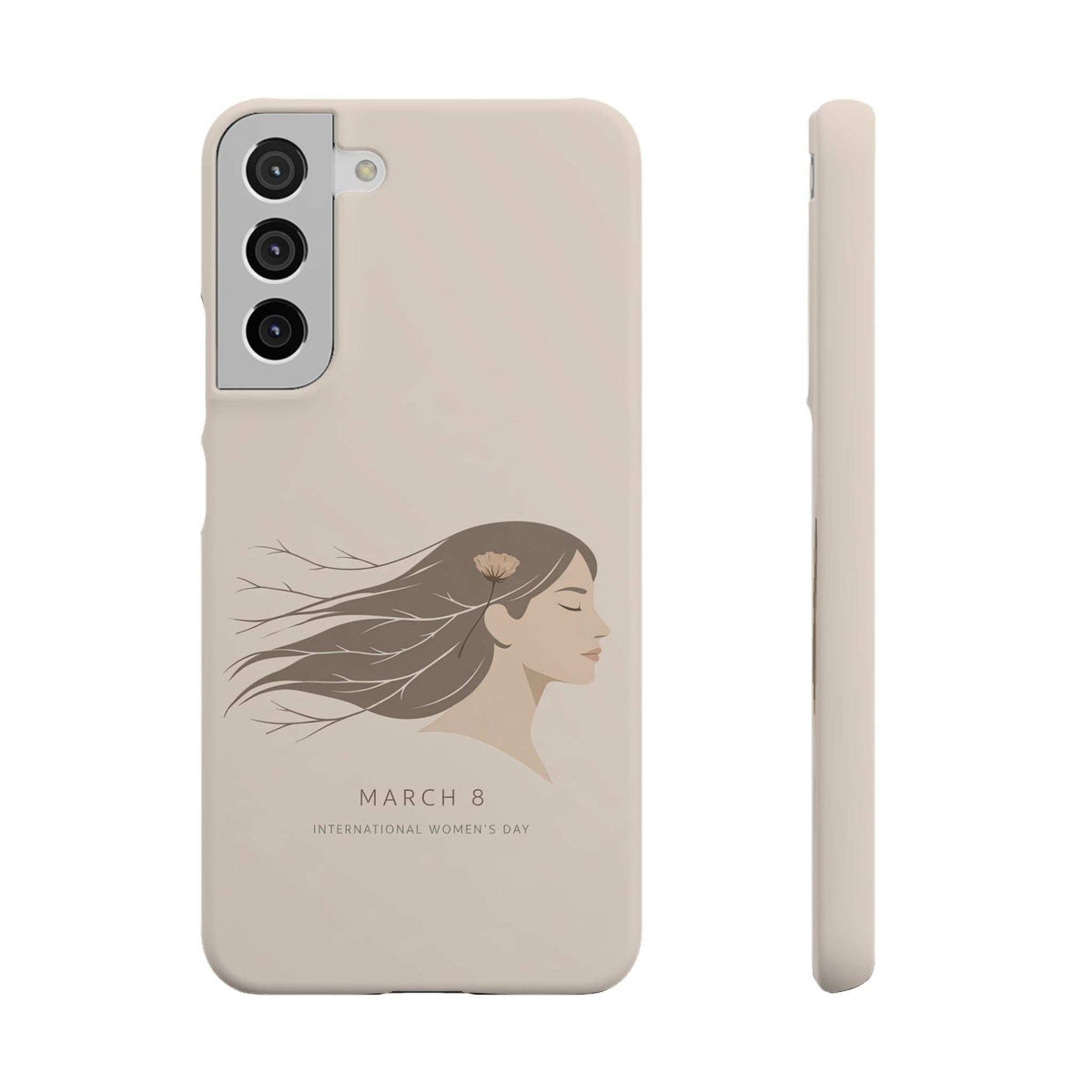 Light beige phone case with World Women's Day profile graphic and quad-camera cutout