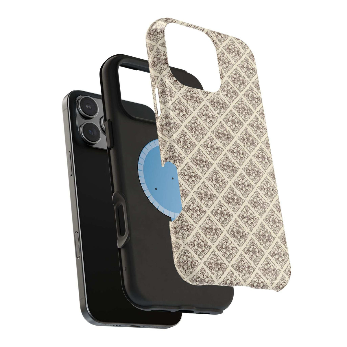Ornate beige phone case with geometric pattern and blue key design, side view.