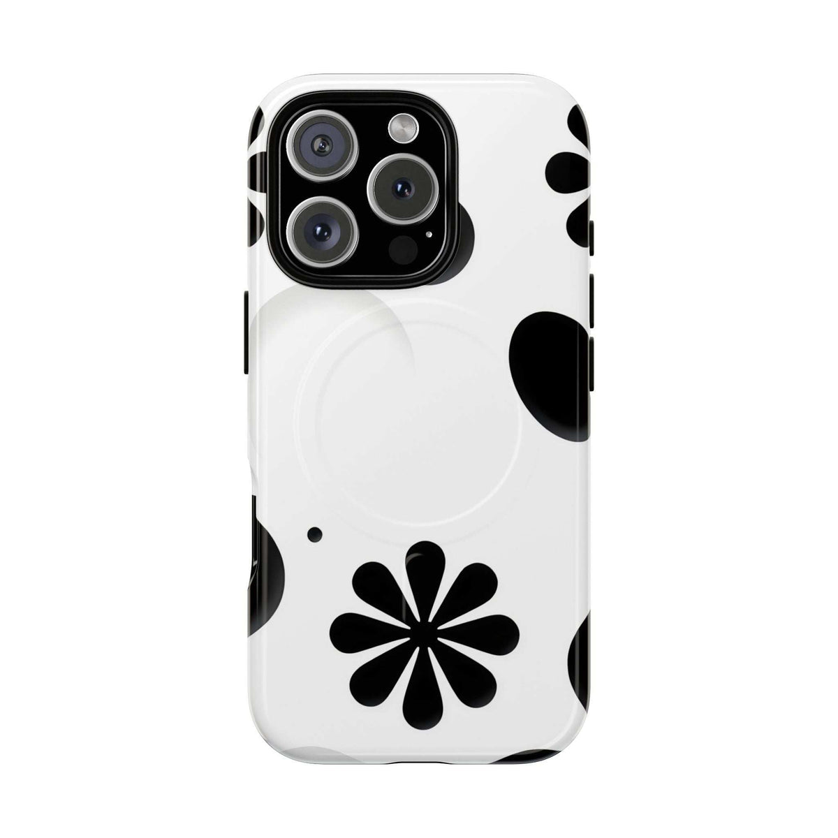 Phone case showing camera module and black daisy flower on white with magnetic circles