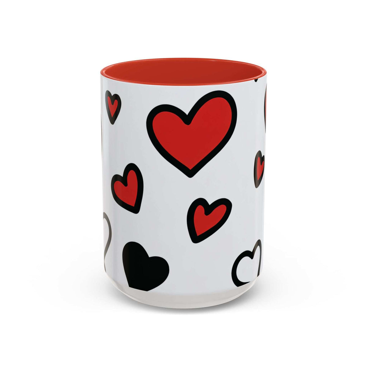 Love-themed accent coffee mug, white body with red hearts and orange interior