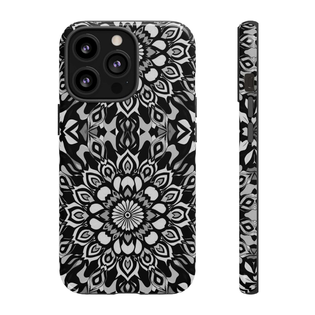 Mandala phone case with black-and-white mandala print and side profile with cutouts