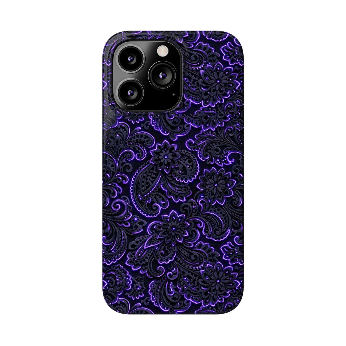 Neon purple paisley phone case with multiple camera and flash openings