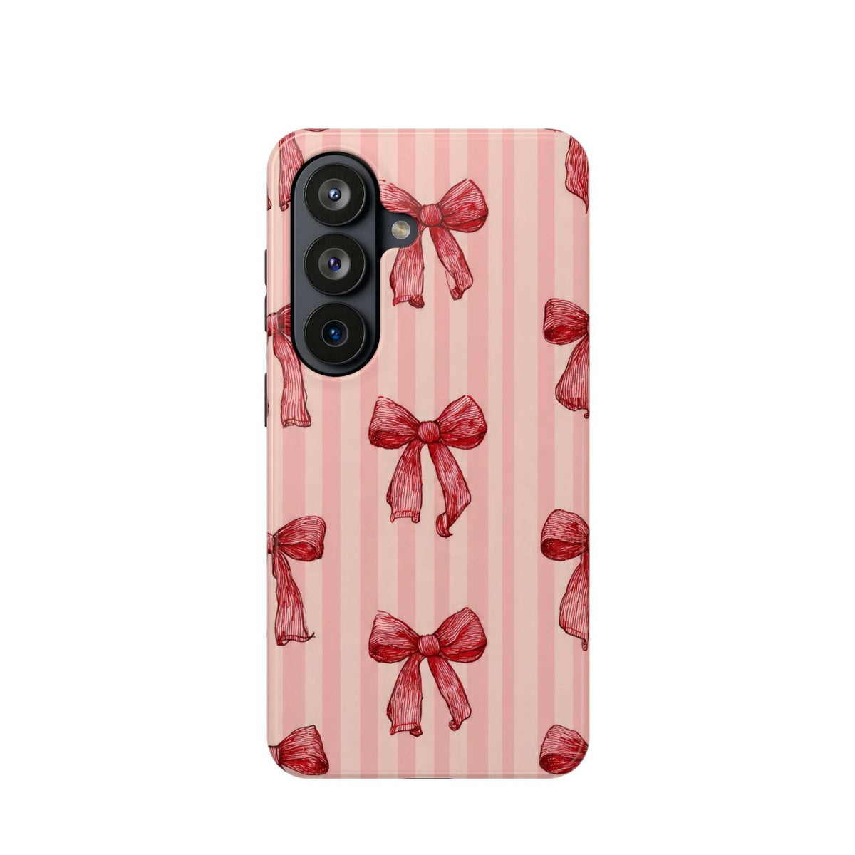 Pink phone case with red vertical stripes and ribbon bow pattern.