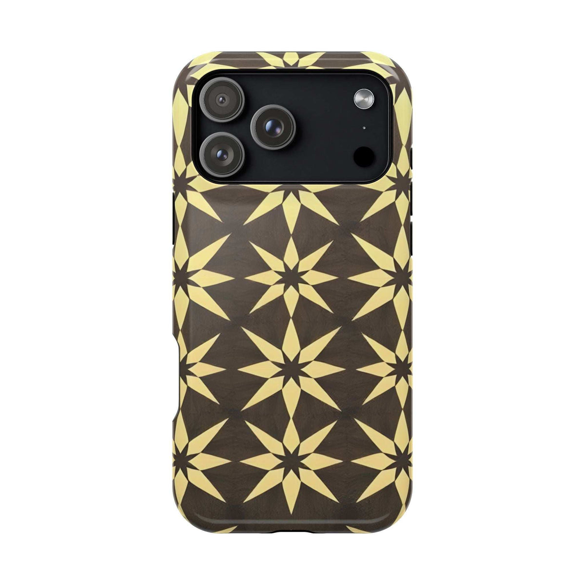 Phone case back with gold and black star geometric pattern, dual camera lenses and flash