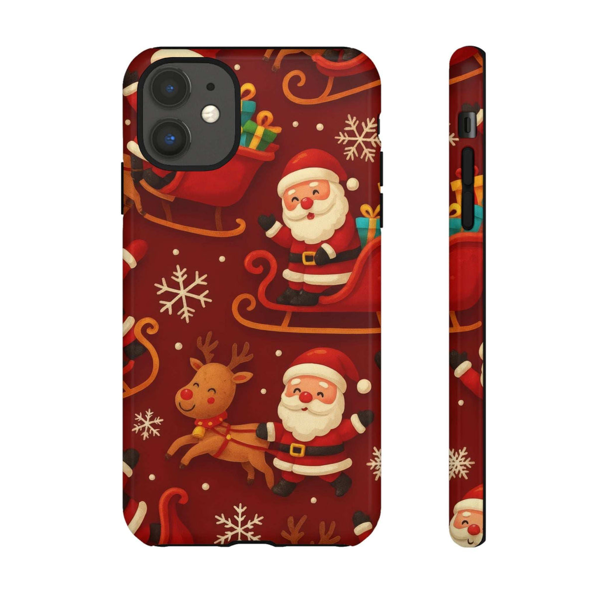 Glossy red phone case with Santa and reindeer on sleigh pattern, side view