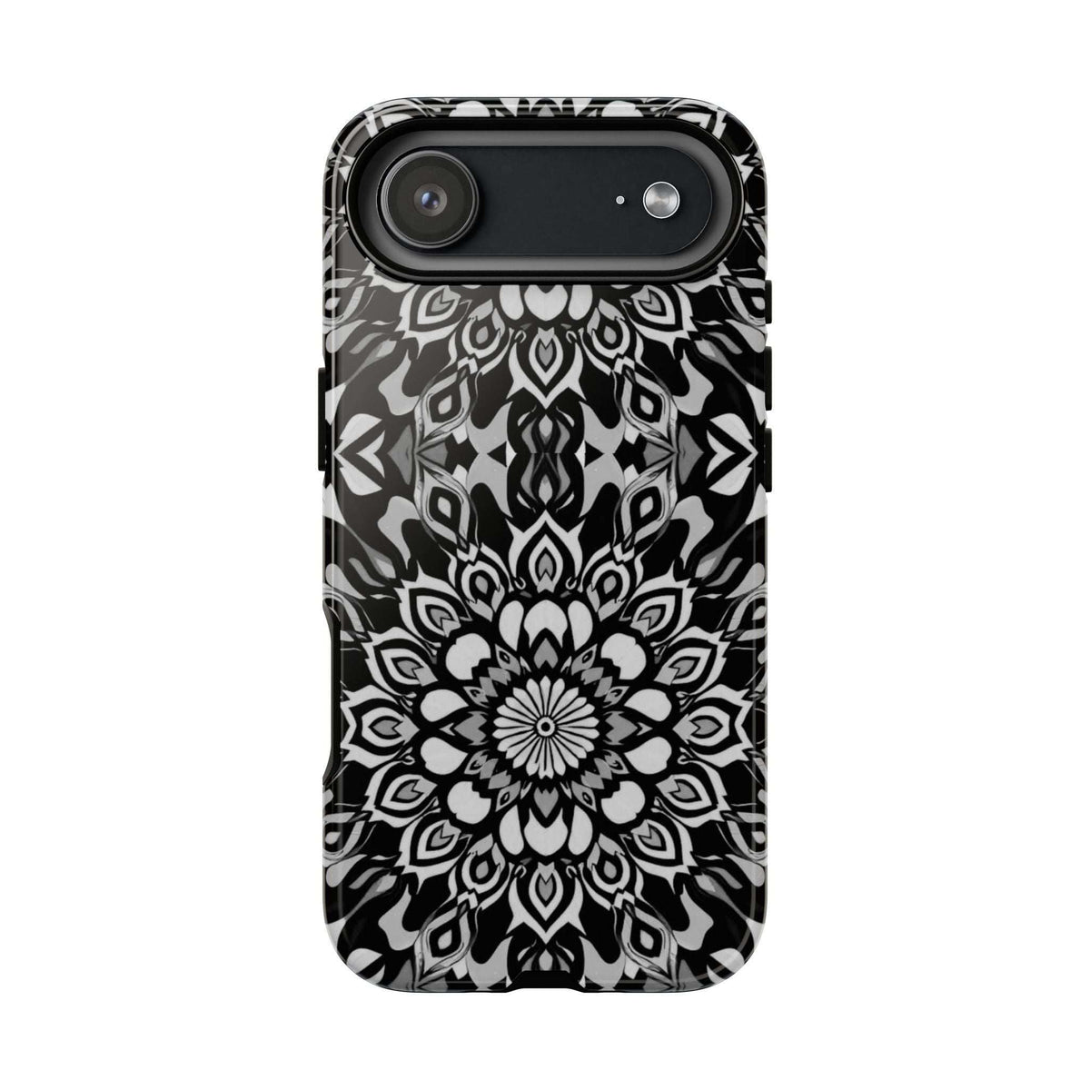 Mandala phone case with black-and-white mandala pattern and top camera bar opening