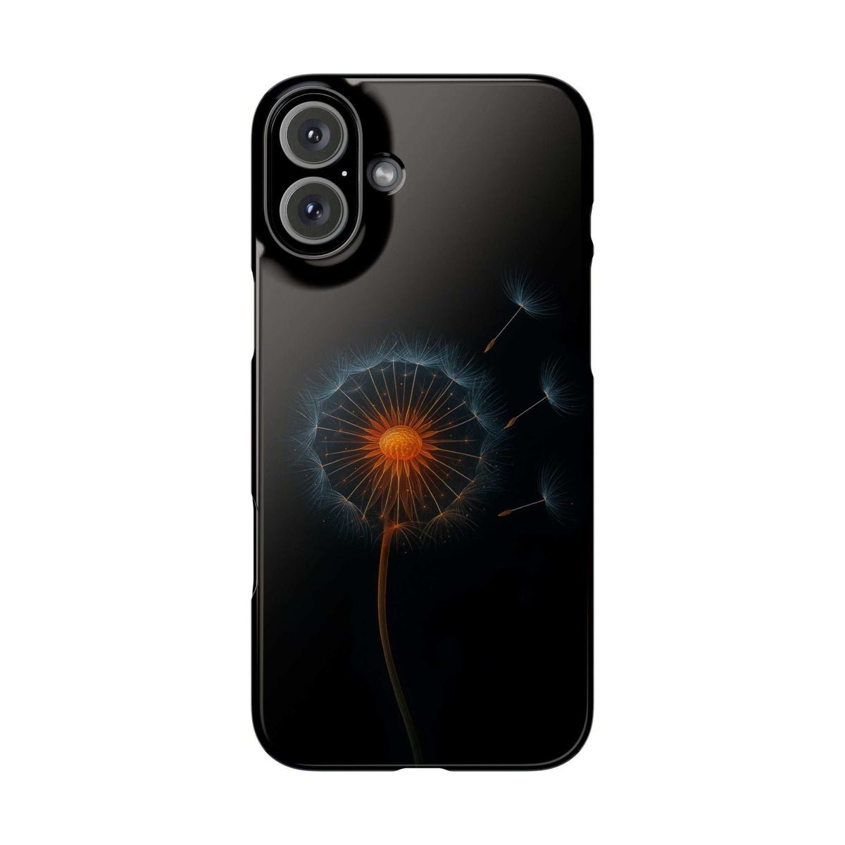 Black phone case with orange glowing dandelion graphic and blue halo accents